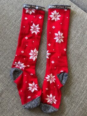 PINK Victoria's Secret Red & White Snowflake Knee-High Socks